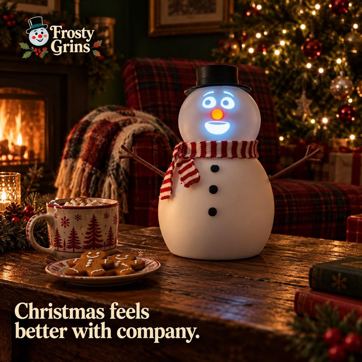 Frosty Grins talking snowman by the fire with hot cocoa: Christmas feels better with company