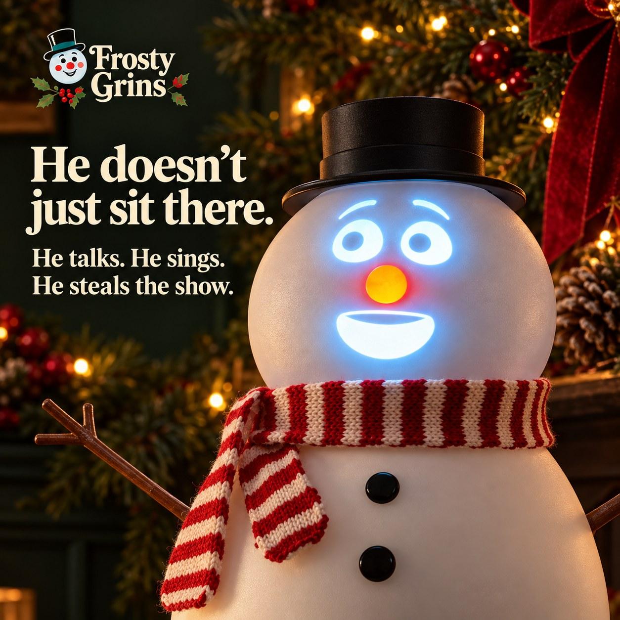 Frosty Grins talking snowman: he doesn't just sit there. He talks, he sings, he steals the show.