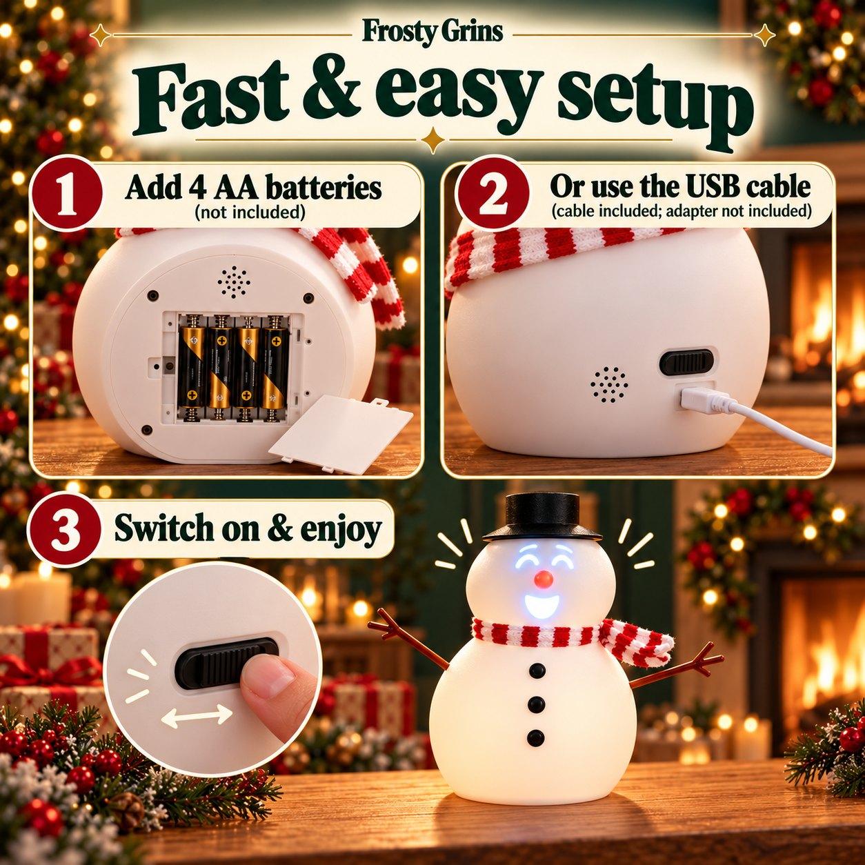 Fast and easy setup: add 4 AA batteries or use the USB cable, then switch on