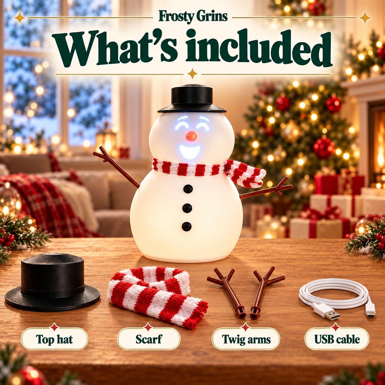 What's included: Frosty Grins snowman, top hat, scarf, twig arms and USB cable